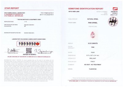Сертификат Памирская розовая шпинель в огранке груша 0,33 карат