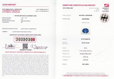 Сертификат Синий сапфир Royal Blue в огранке овал 5,75 карат, Шри-Ланка