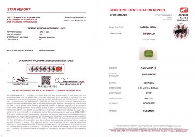 Сертификат Колумбийский изумруд цвета Vivid Green 1,25 карат