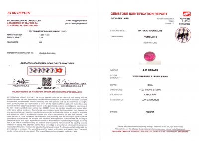 Сертификат Яркий насыщенный рубеллит в огранке кабошон 4,00 карата, Нигерия