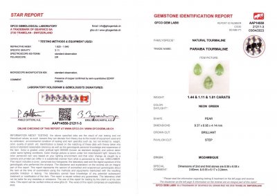 Сертификат Сет зеленых турмалинов Параиба в огранке груша 3,56 карат, Мозамбик