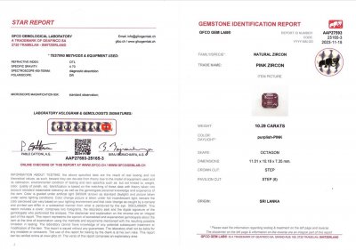Сертификат Насыщенный красный циркон гиацинт в огранке октагон 10,29 карат