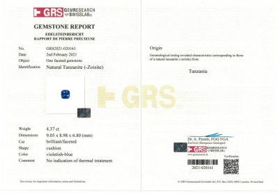 Сертификат Негретый танзанит в огранке кушон 4,37 карат, GRS