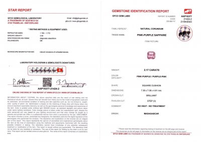 Сертификат Негретый розовый сапфир в огранке кушон 2,10 карат, Мадагаскар