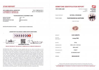 Сертификат Негретый сапфир Падпараджа в огранке овал 0,93 карата, Мадагаскар