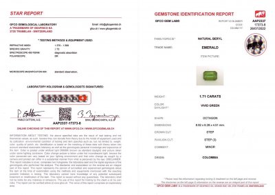 Сертификат Колумбийский изумруд Vivid Green, 1,71 карат