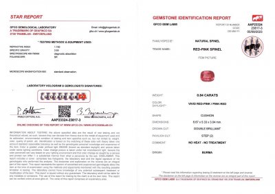 Сертификат Розовая шпинель из Бирмы в огранке кушон 0,84 карат