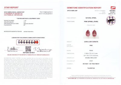 Сертификат Пара розовых шпинелей в огранке груша 5,26 карата, Таджикистан
