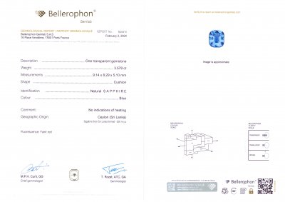 Сертификат Негретый синий сапфир 3,58 карат в кушон, Шри-Ланка