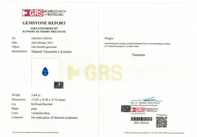 Сертификат Насыщенный негретый танзанит в огранке груша 3,64 карат, GRS