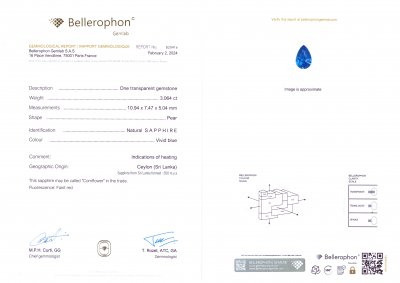 Сертификат Синий сапфир цвета Cornflower 3,06 карат в огранке груша, Шри-Ланка