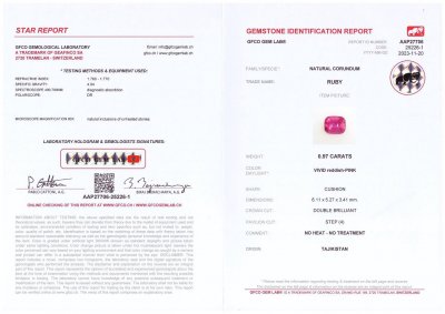 Сертификат Редкий памирский негретый рубин в огранке кушон 0,97 карат, Таджикистан
