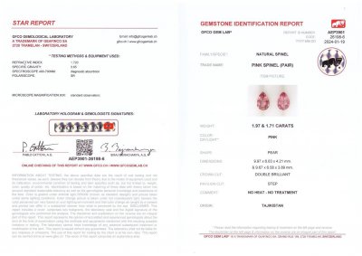 Сертификат Пара розовых шпинелей из Таджикистана в огранке груша 3,68 карат