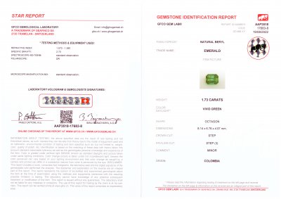 Сертификат Изумруд цвета Vivid Green 1,73 карата, Колумбия