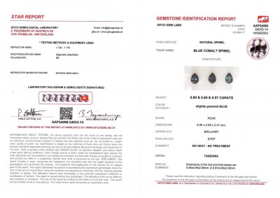Сертификат Сет кобальтовых синих шпинелей в огранке груша 2,02 карата, Танзания