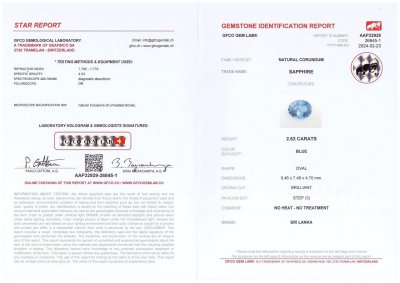 Сертификат Негретый синий сапфир 2,62 карата в огранке овал, Шри-Ланка