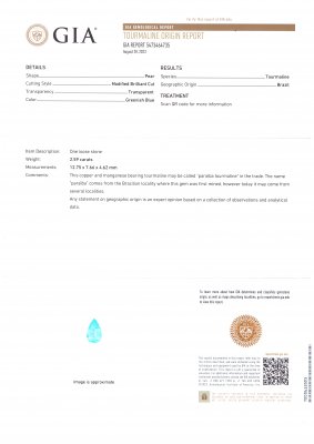 Сертификат Редкий бразильский турмалин Параиба в огранке груша 2,59 карата