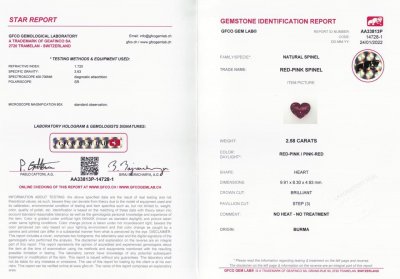 Сертификат Розовато-красная бирманская шпинель в огранке сердце 2,58 карата