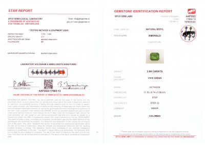 Сертификат Изумруд цвета Vivid Green из Колумбии в огранке октагон 3,99 карат, GRS