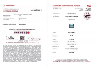 Сертификат Насыщенная кобальтовая шпинель в огранке радиант 1,12 карат, Танзания