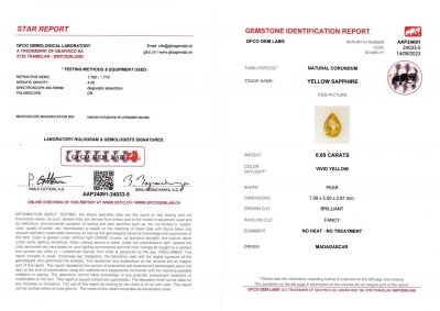 Сертификат Желтый негретый сапфир в огранке груша 0,69 карат, Мадагаскар