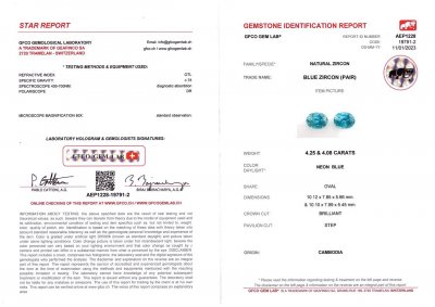 Сертификат Пара голубых цирконов из Камбоджи 8,33 карат