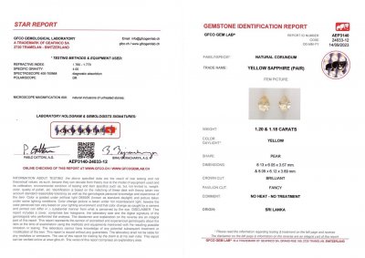 Сертификат Пара пастельных желтых сапфиров в огранке груша 2,36 карат, Шри-Ланка