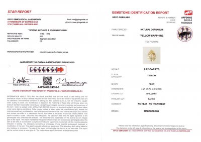 Сертификат Негретый жёлтый сапфир в огранке груша 0,82 карат, Мадагаскар