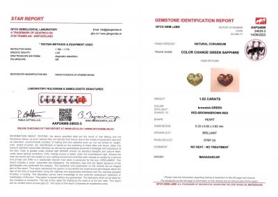 Сертификат Мадагаскарский желтовато-зеленый сапфир в огранке сердце 1,02 карата