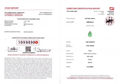 Сертификат Изумруд цвета Vivid Green из Колумбии в огранке груша 1,96 карат