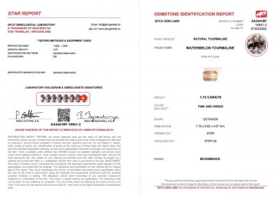 Сертификат Полихромный турмалин в огранке октагон 1,72 карата, Мозамбик