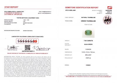 Сертификат Турмалин цвета Lagoon в огранке кушон 7,63 карата 