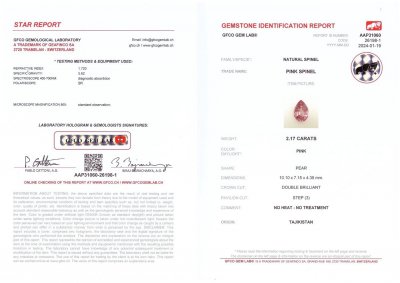 Сертификат Розово-пурпурная шпинель из Таджикистана в огранке груша 2,17 карат