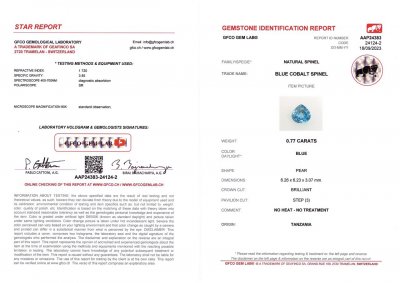 Сертификат Кобальтовая синяя шпинель из Танзании 0,77 карат