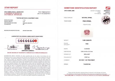 Сертификат Памирская розовая шпинель в огранке кушон 3,99 карата