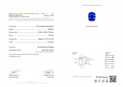 Сертификат Инвестиционный негретый синий сапфир цвета Cornflower, 15,65 карат, Шри-Ланка