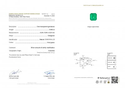Сертификат Яркий изумруд Muzo Green 0,99 карат, Колумбия