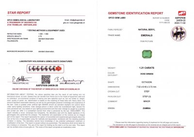Сертификат Изумруд в огранке октагон 1,21 карат, Замбия