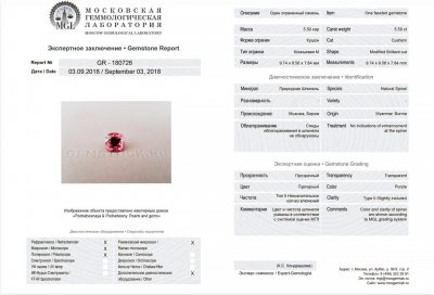 Сертификат Розовая бирманская шпинель в огранке кушон 5,50 карат