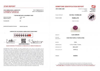 Сертификат Насыщенно-розовый рубеллит в огранке овал 5,24 карата