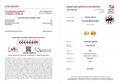 Сертификат Пара оранжевато-желтых цирконов в огранке овал 2,00 карата