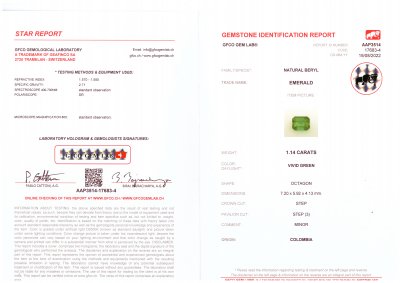 Сертификат Изумруд цвета Vivid Green 1,14 карат, Колумбия