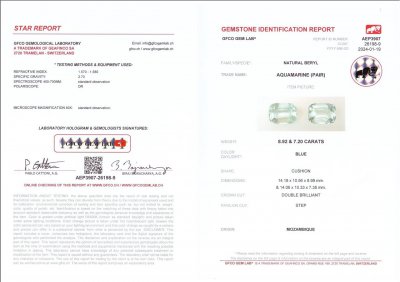 Сертификат Пара крупных голубых аквамаринов в огранке кушон 16,12 карат, Мозамбик