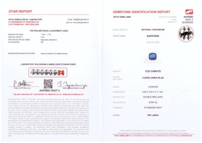 Сертификат Яркий васильковый сапфир в огранке кушон 5,03 карата, Шри-Ланка
