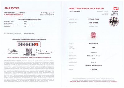 Сертификат Розовая шпинель в огранке октагон 2,24 карата из Таджикистана
