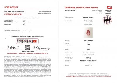 Сертификат Розово-пурпурная шпинель из Таджикистана в огранке груша 2,31 карат