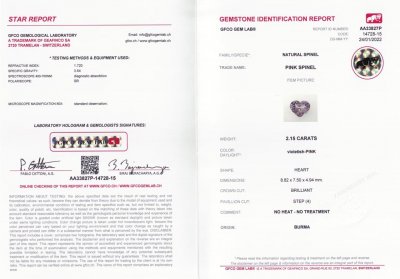 Сертификат Шпинель розовато-фиолетового цвета 2,15 карат, Бирма