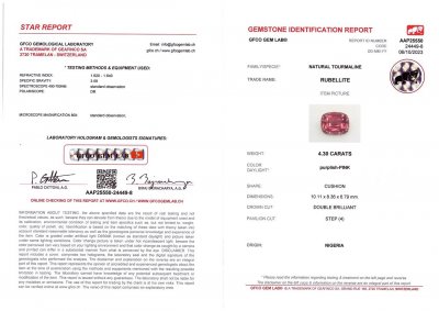 Сертификат Кольцо с розовато-красным турмалином 4,30 карата и бриллиантами в белом золоте 750 пробы