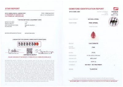 Сертификат Насыщено-розовая шпинель в огранке груша 3,42 карата, Таджикистан