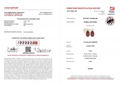 Сертификат Крупная пара оранжевато-красных турмалинов из Африки 13,41 карата